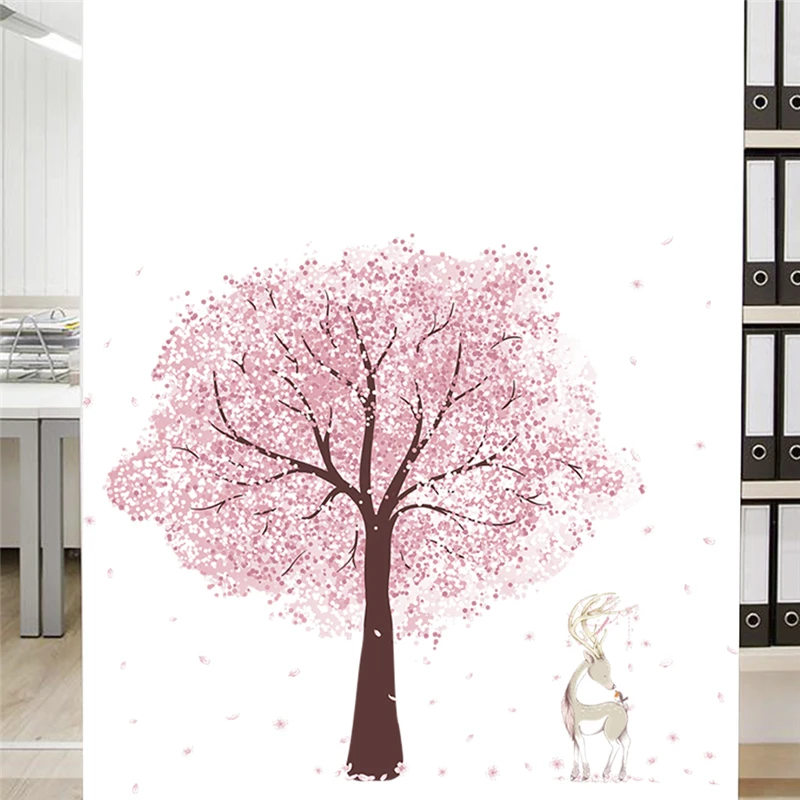 

cartoon pink flower tree deer animal wall stickers for kids rooms home decor pvc wall decals 60*90cm mural art diy poster