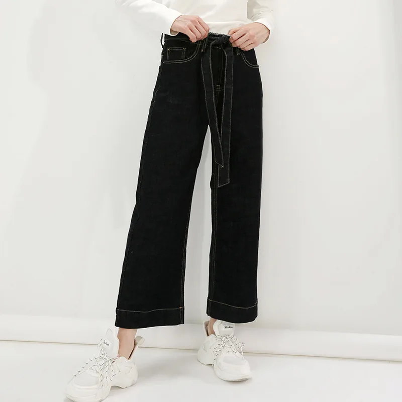 Детские джинсы 2018 осень Для женщин новые высококачественные Дамская мода Высокая талия джинсы с поясом широкие лодыжки Длина брюки Для