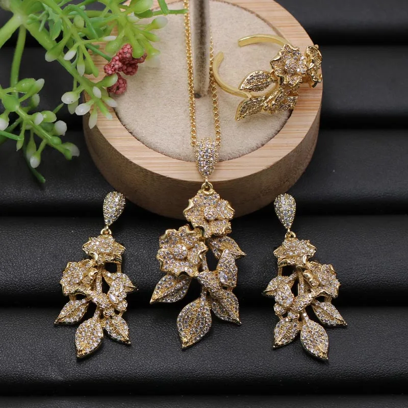 Lanyika ювелирный набор роскошный изысканный цветок с листом микро покрытое ожерелье с сережками и кольцо для помолвки модный подарок - Окраска металла: gold Micro Plate