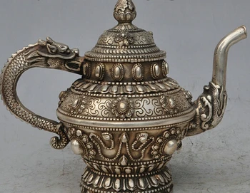 

wholesale factory 9" Chinese Silver Dragon Head Statue Buddhist Globule Flagon Teapot Wine Pot