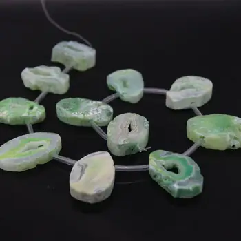 

Approx11pcs/Strand Natural Green Raw Agates Drusy Quartz Geode Top Drilled Slab Slice Nugget Beads Pendants Jewelry Making