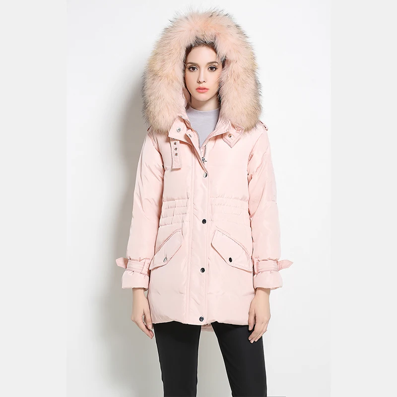 Women Winter Coat Warm Down Coats Real Big Fur Collar Pink Parkas