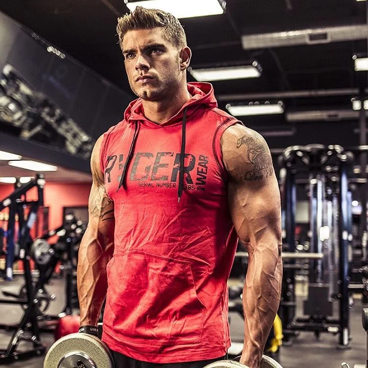 

2019 New Men's Sports Vest Gym Fitness Vest Letter Pattern Hooded Sports Running Vest To Show Muscle Men's Shirt Without Sleeves