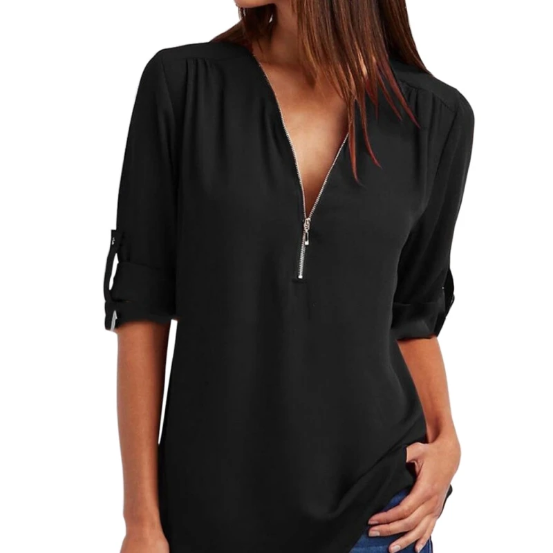 الأزياء الصلبة سستة قميص فضفاض زائد حجم 5XL طويل الأكمام الشيفون Blusas قمم 2019 جديد إمرأة مثير V الرقبة عارضة الصيف بلوزة