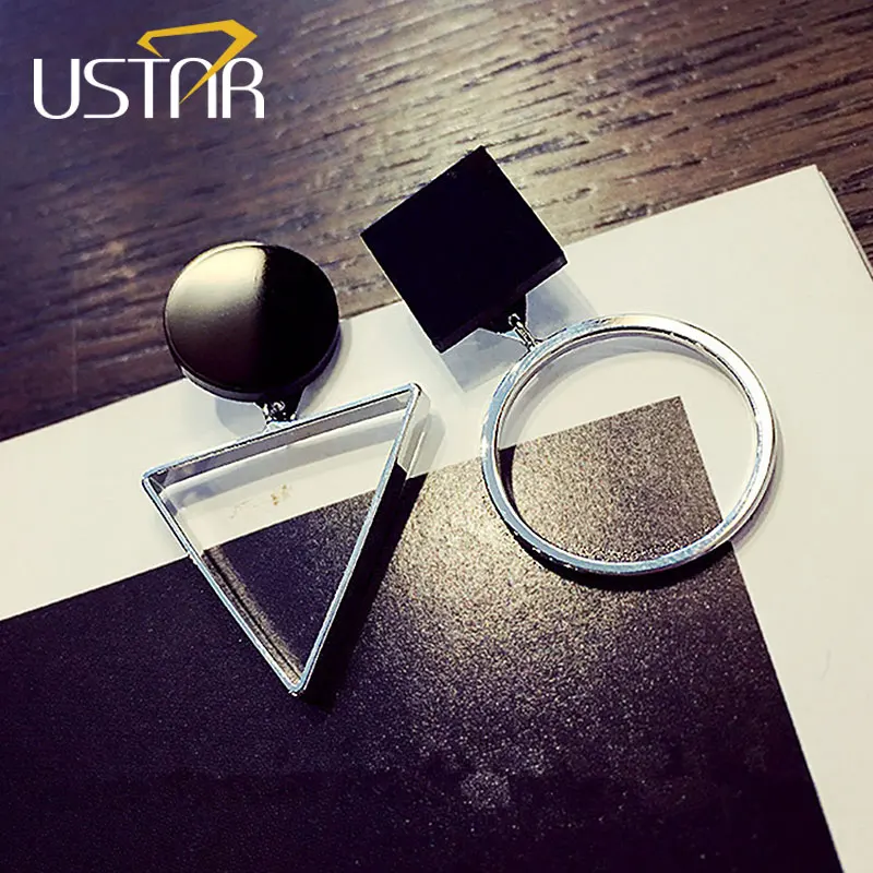 

USTAR Geometric Asymmetric Drop Earrings for Women Triangle Square Black Earrings female 2018 Fashion Jewelry hanging Oorbellen