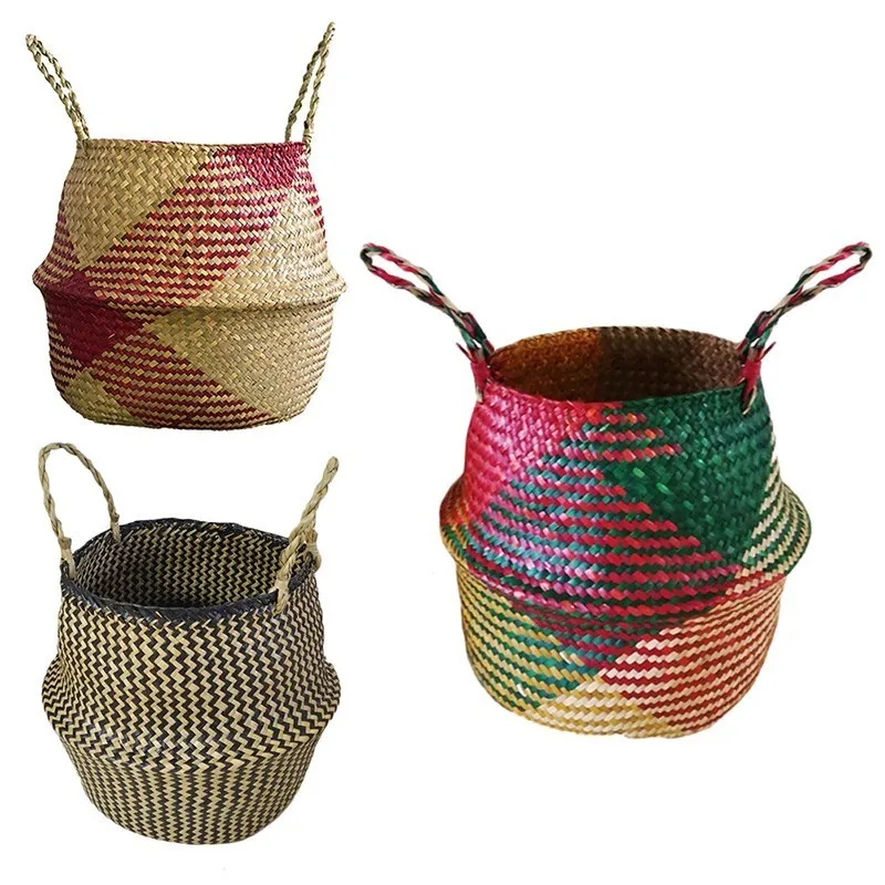

Nordic Style Color Matching Natural Seaweed Woven Shopping Basket Plant Flowerpot Basket Foldable Handmade Storage Laundry