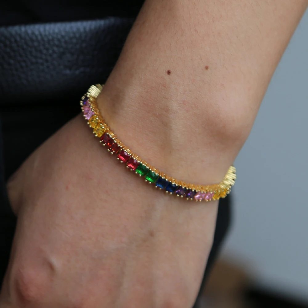 Роскошный дизайн, Радужный Теннисный браслет, красочный циркониевый браслет на цепочке, Простые Модные радужные браслеты, ювелирные изделия для женщин, дамские подарки