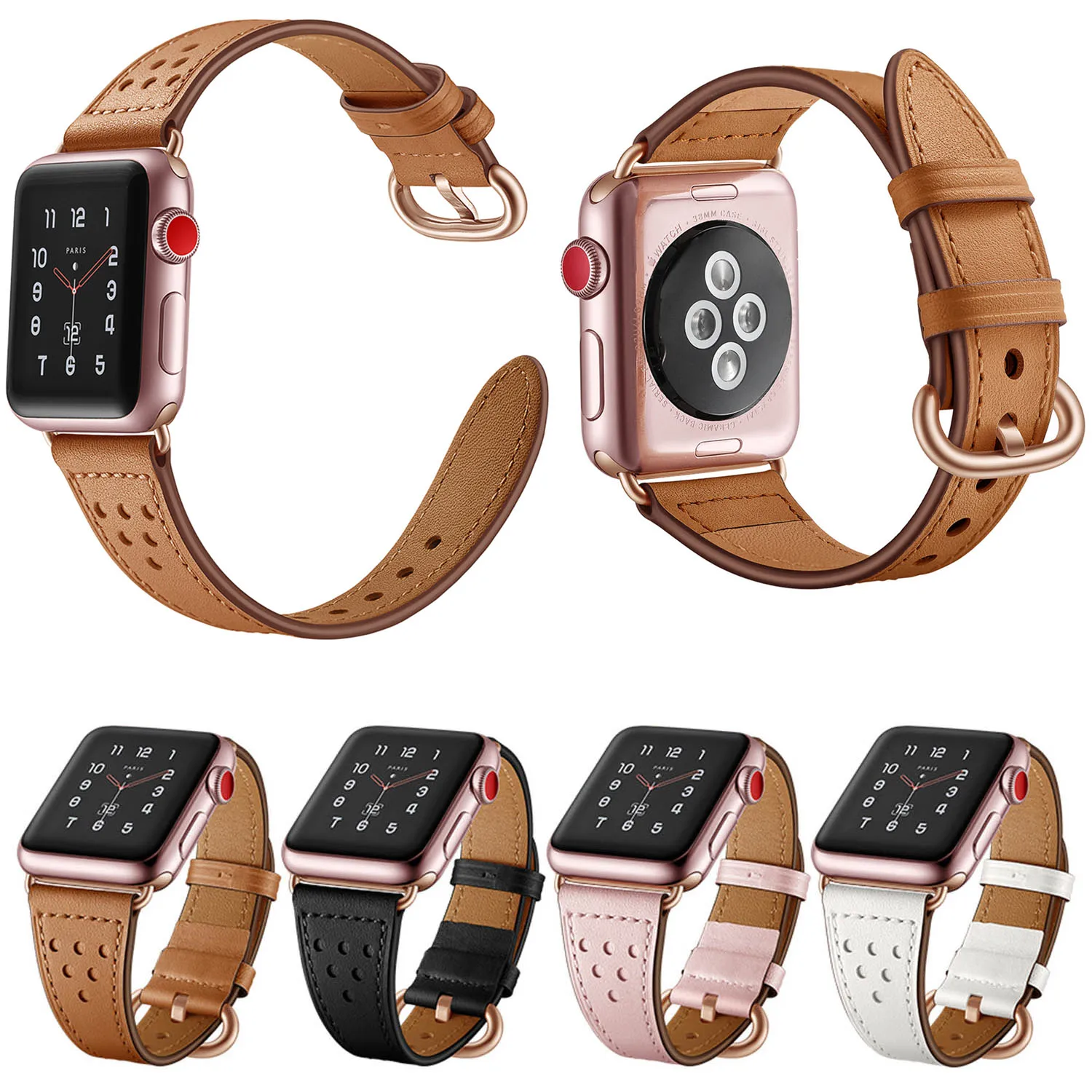 

Genuine Leather Strap For Apple Watch Band 5/4/3/2/1 44mm 40mm iWatch 42mm 38mm Slim Bracelet Rose Gold Buckle Watchbands Belt