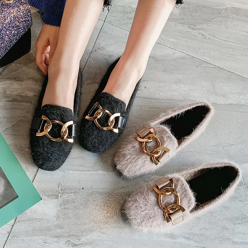 

Plus Size 35-43 Women Shoes Fur Slip on Flat Shoes Metal Woman Flats Plush Loafers Warm Ladies Shoes Winter Autumn Sneakers 6969
