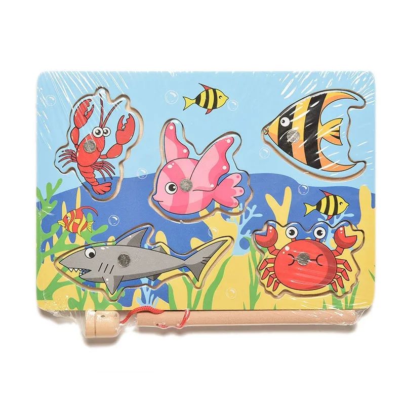 

Wooden Ocean Fish Jigsaw Puzzle Board Magnetic Stick Rod Children Fishing Game Outdoor Fun Toy For Kids Educational 18cm