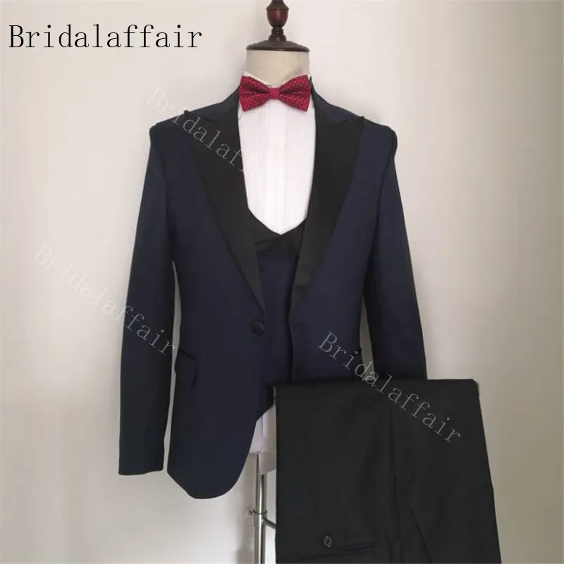 Bridalaffair мужской свадебный костюм для выпускного вечера темно-синие облегающие смокинги мужской формальный деловой рабочие костюмы комплект из 3 предметов(куртка+ брюки+ жилет