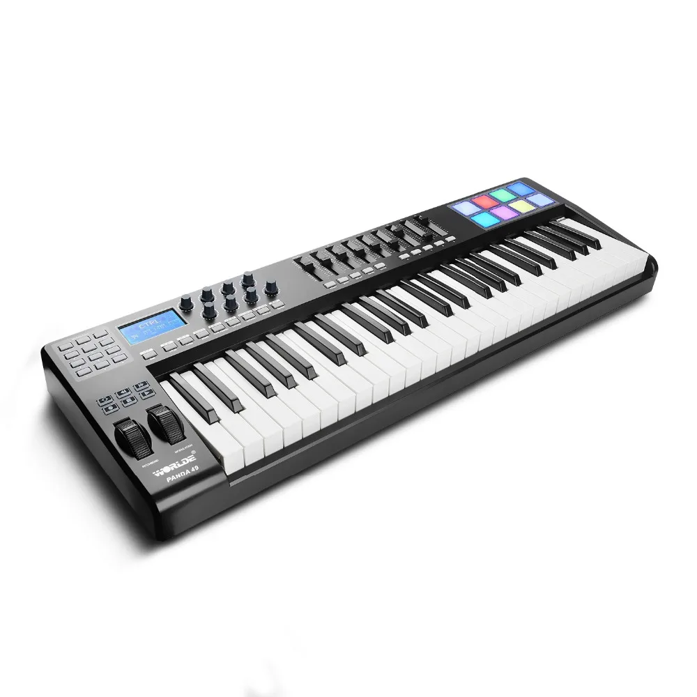 

Worlde Panda Portable MIDI Keyboard Controller 49 Key MIDI Controller, 8 RGB Backlit Light Drum Pad, 9 Faders, 8 Knobs