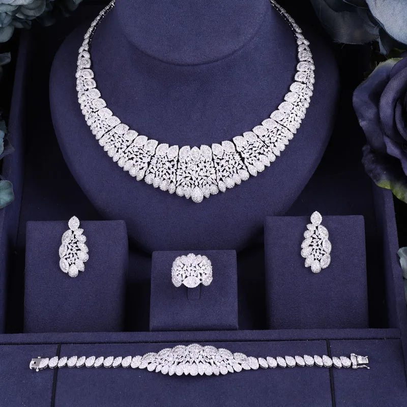 

Accking Luxury 4pcs Cubic ZIRCON EARRINGS AND NECKLACE BRIDAL JEWELRY SET WEDDING DRESS ACCESSARIES