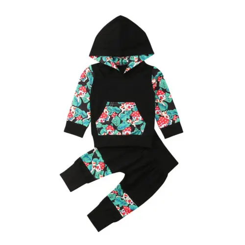 Casual Newborn Baby Cotton Floral Hoodie Hooded Tops Long Sleeve T-shirt Pants Leggings Outfits Sweatsuit