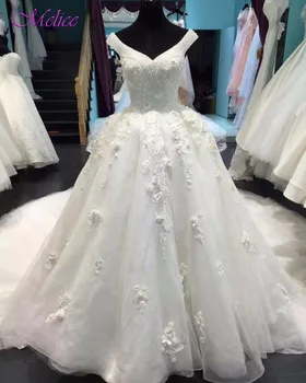 

Melice Luxury Beaded Sweetheart Neck Lace Up Ball Gown Wedding Dresses 2020 Appliques Chapel Train Bridal Dress Vestido de Noiva