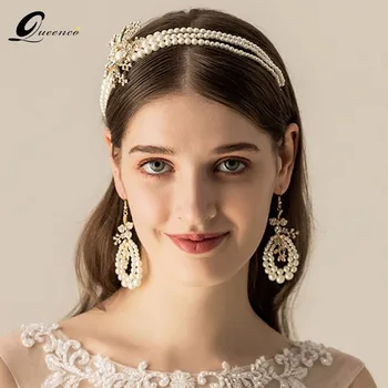 

Vintage Pearl Tiara With Earrings Rhinestone Floral Wedding Hair Accessories Retro Bridal Hairbands Bride Jewellry Headband