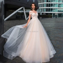 А линия Совок Кружева Свадебные платья с аппликацией сексуальные спинки длиной до пола Тюль Свадебные платья для невесты с коротким рукавом Vestidos