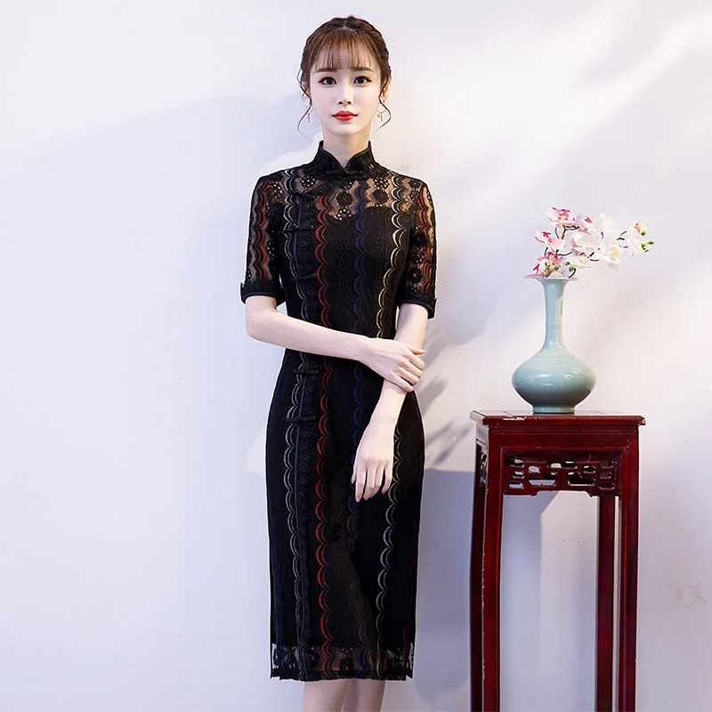 Черное кружевное платье с вышивкой китайский стиль ручной работы на пуговицах винтажное женское Короткое платье Qipao классическое сценическое шоу элегантное женское платье-Ципао