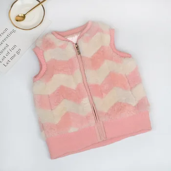 

Cute! Little Girls Wools Vest Genuine Leather Waistcoats for baby girl Stripes Sheep Leather Vest Zipper Vest fit 100-140cm Kid