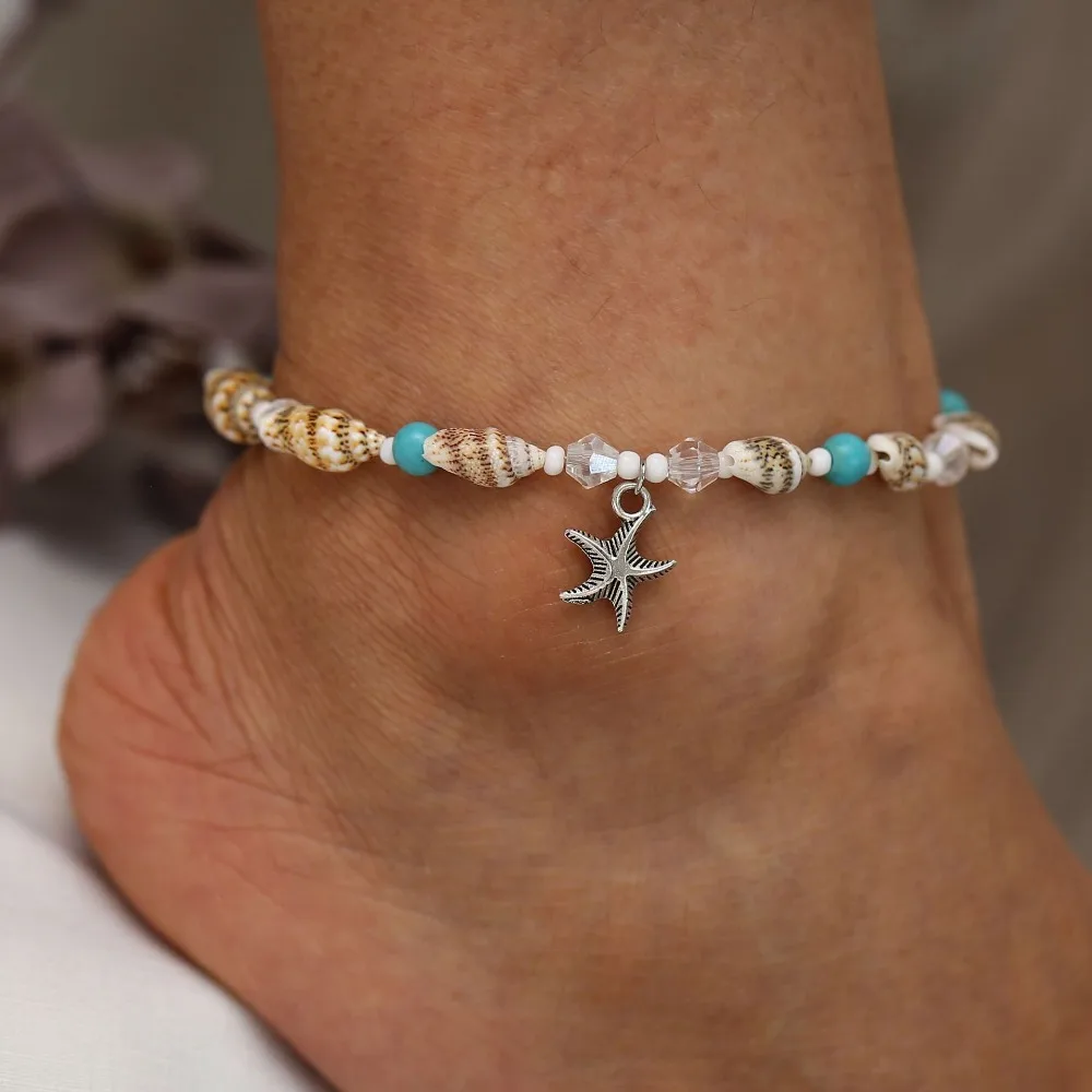 

Summer Holiday Anklets Set Woemn Bohemia Starfish Natural Stone Ankle Bracelet on Leg Choker Ankles Sandal Jewellery Accessories