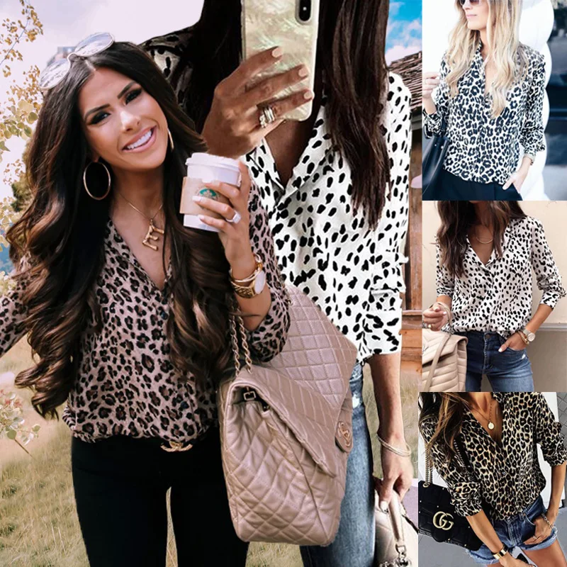 

Blouse women 2019 hot style fashion female long sleeve printing leopard buttons v neck europe shirt vestidos YFF6217