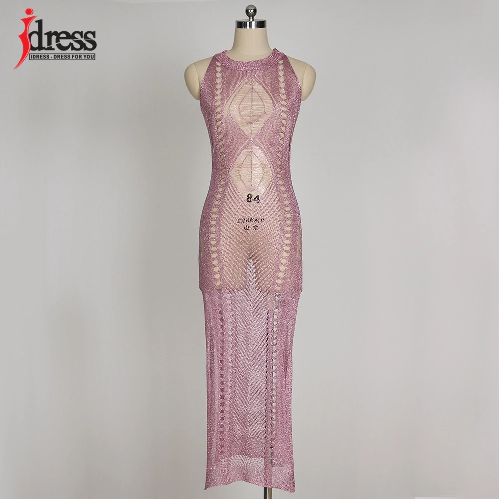 IDress Sexy Knitted Crochet Club Dress 2017 Summer Beach Sleeveless Maxi Dress Hollow Out See Through Purple Gold Beach Dress (3)