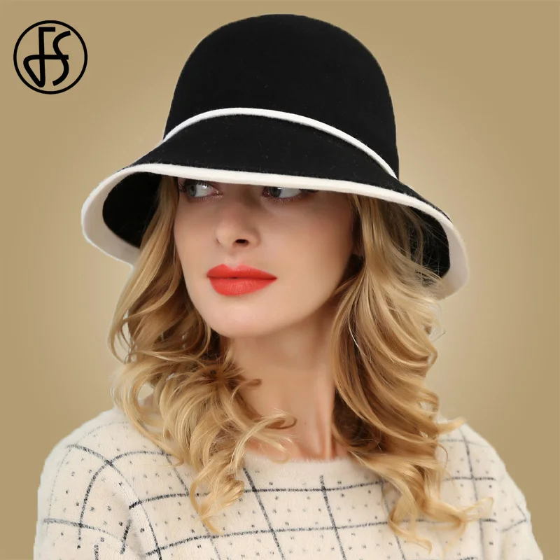 FS Black Red Wide Brim Wool Fedora Womens Hats Winter 2018 100% Felt Hat With Bowknot Ladies Cloche Bowler Church Round Hat Cap