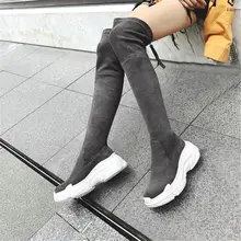 NAYIDUYUN Для женщин из искусственной замши; сапоги с высоким голенищем, до колена ботинки с высоким голенищем на танкетке; высокие сапоги на платформе до бедра круглый носок сникеры в стиле "панк", обувь