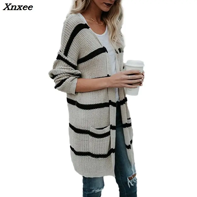 Autumn Winter Women Medium And Long Style Ladies' Street Fashionable Long Striped Knitted Cardigan Outerwear With Pocket Xnxee