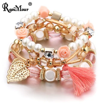 

RAVIMOUR Fashion Imitation Pearl Jewelry Multi Layer Elastic Tassel Charms Bracelets & Bangles For Women Flower Pulseras Joyeria
