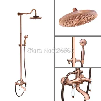 

Antique Red Copper Bathroom Rain Shower Faucet Set Dual Handle Tub Mixer Tap Wall Mounted with Handheld Shower Spray lrg637