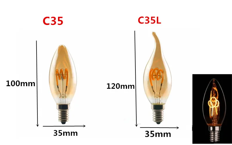 10 шт./лот, дизайнерский энергосберегающий Золотой светильник, 2 Вт, 4 Вт, свеча E14, 220 В, 110 В, с регулируемой яркостью, C35, C35L, светодиодный светильник накаливания, лампы на 360 градусов
