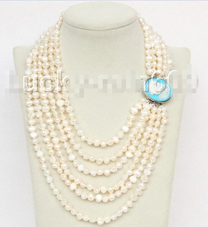 

baroque 16"-21" 6row 7mm white pearls necklace seashell clasp E8774