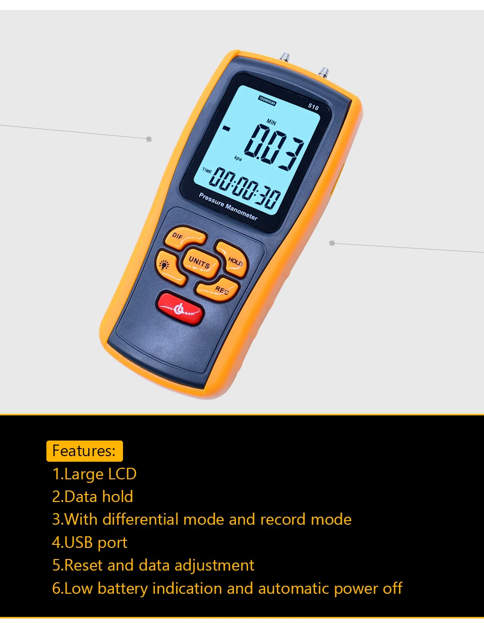 GM510 портативный цифровой ЖК-дисплей Манометр давления 50KPa Дифференциальный Манометр измеритель давления