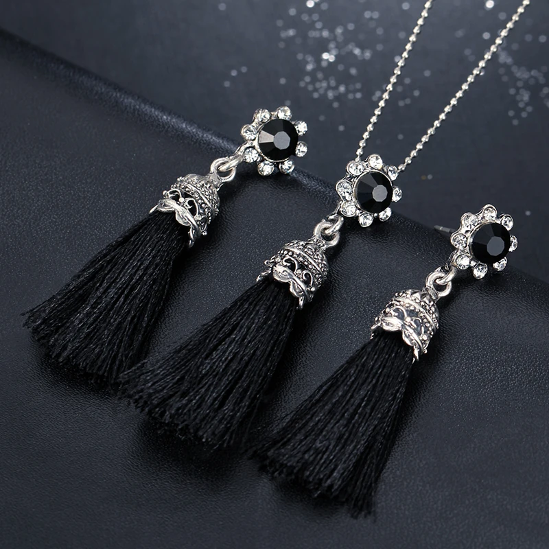 AY Мода кисточкой цветок падение набор украшений для женщин черный цвет длинное ожерелье кулон кристалл серьги свадебные ювелирные изделия подарок