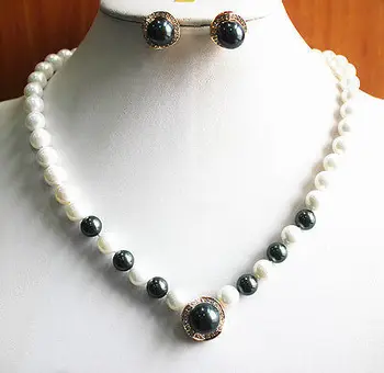 

Fashion 8mm Black&White Pearl Necklace Earring And Pendant Jewelry Set NATURAL Quartz Women Wedding fshipping