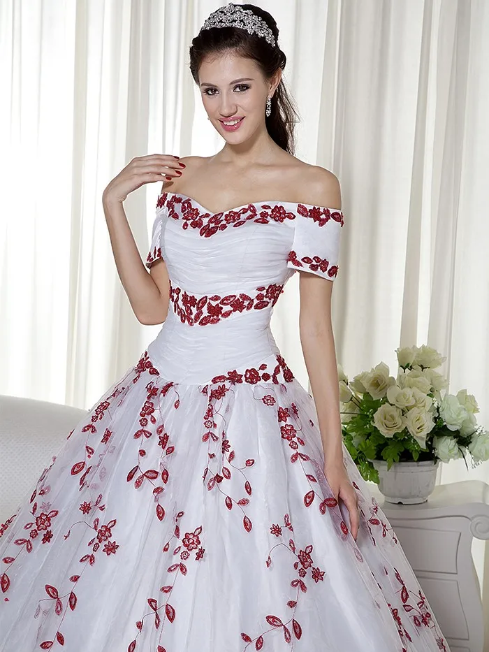 Настоящее Белое и красное бальное платье Красочные Свадебные платья с открытыми плечами корсет с вышивкой сзади не белые свадебные платья