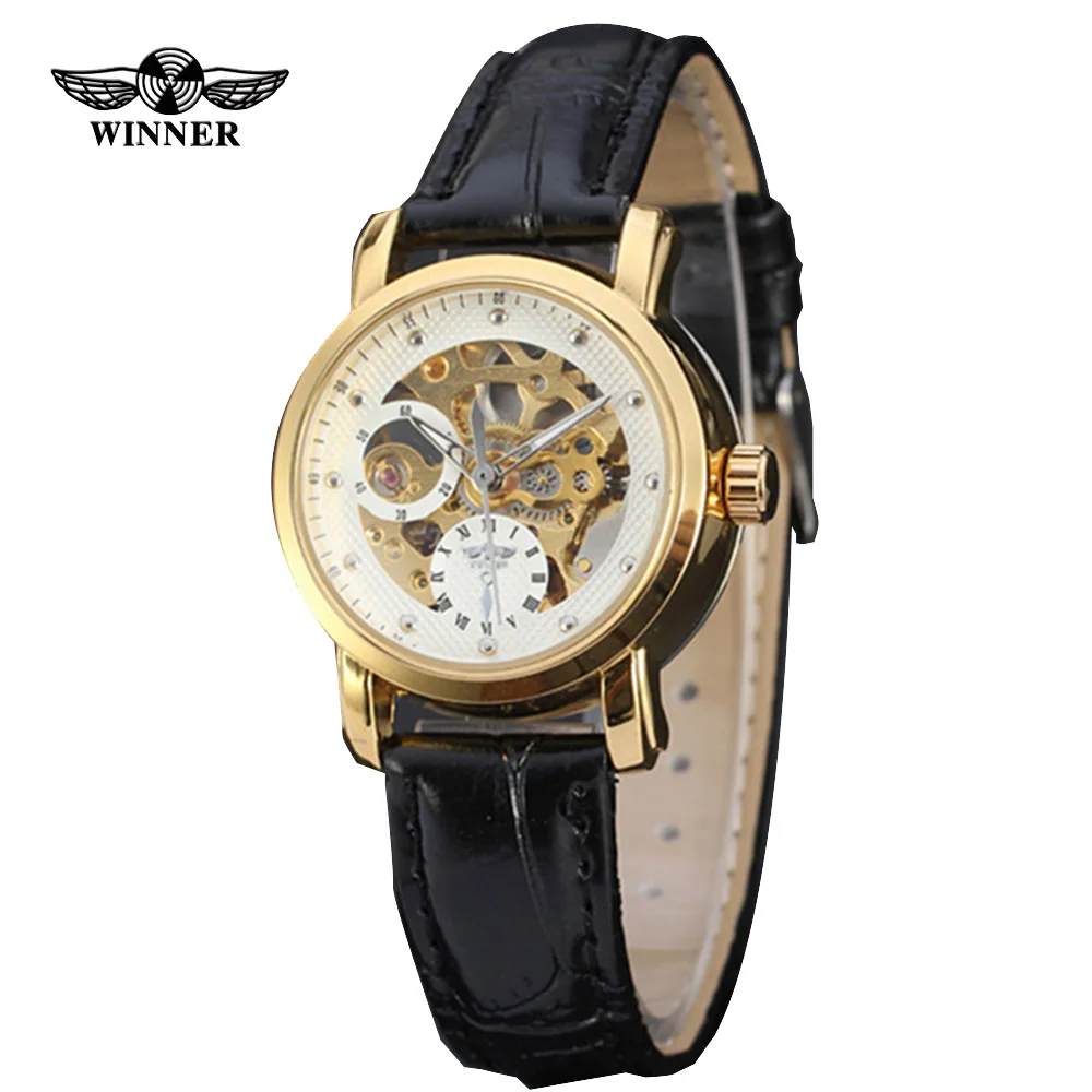 Winner Лидирующий бренд женские часы модные часы со скелетом циферблат кожаный ремешок женские Автоматические механические часы женские relogio femilino - Цвет: White Gold