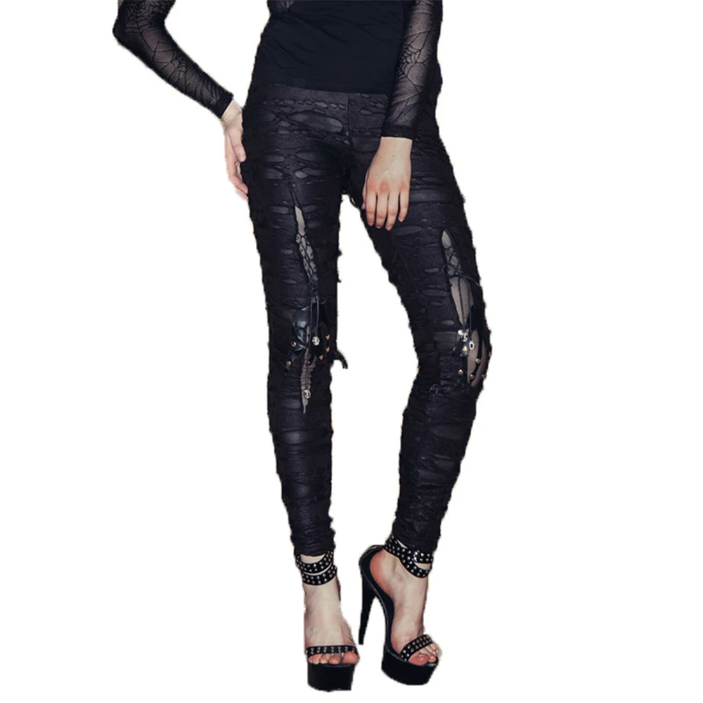 Punk Cotone Rock Pantaloni Strappato Casual Sexy Gothic Fasciatura Di Fori Nere Leggings Donne pwSXqI6O