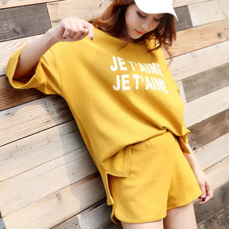 

2019 Summer Cotton Casual Tracksuit for women's Clothes Two Piece Set Suits Short Sleeve Letter T Shirt Crop Tops+Shorts Pants