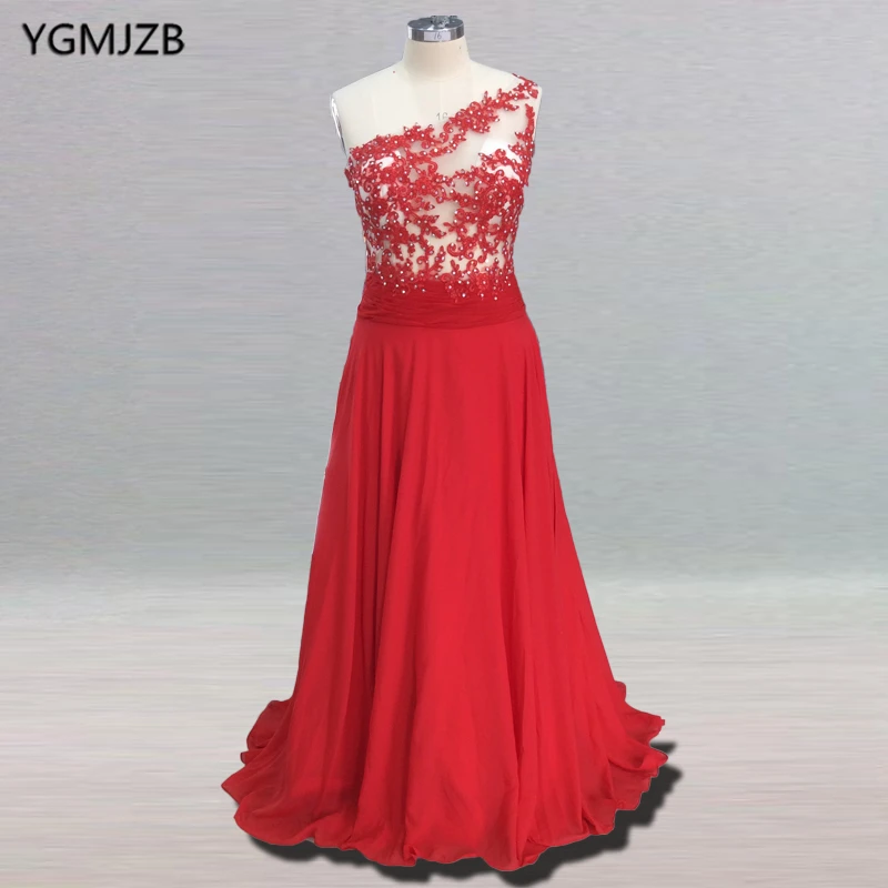 Elegant Red Chiffon Evening Dresses Long 2018 A Line Beaded Appliques