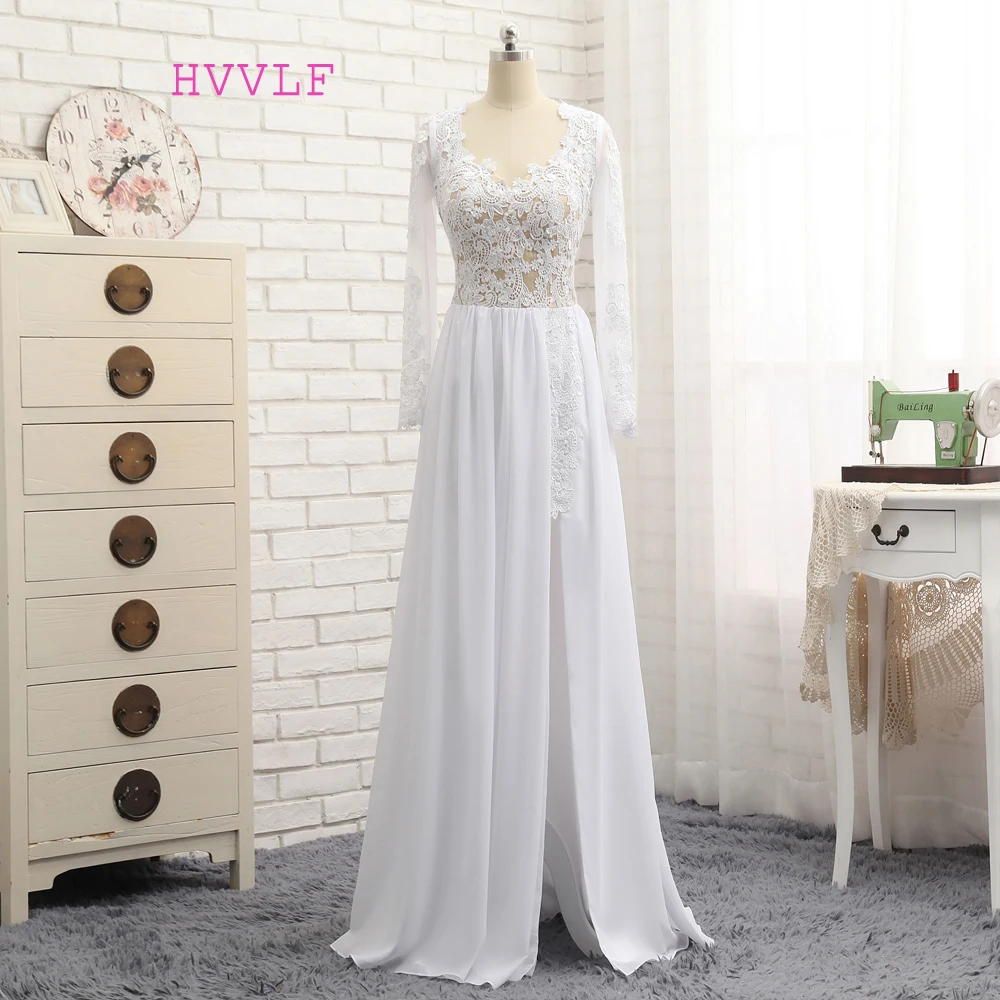 

HVVLF Sexy 2019 Prom Dresses A-line Sweetheart White Chiffon Lace Slit Long Prom Gown Evening Dresses Evening Gown