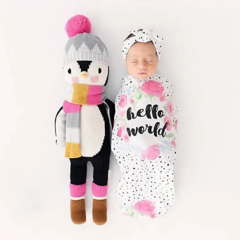 2 шт./компл. новорожденных пеленка для младенцев Одеяло спальный мешок для малышей повязка на голову «Hello World», спортивный костюм, Обёрточная бумага повязка на голову