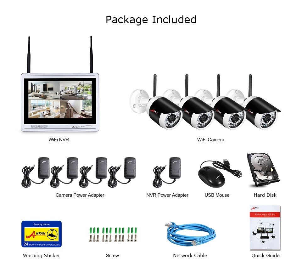 ANRAN CCTV P2P 4CH 1080P 12''LCD монитор wifi NVR 36IR водонепроницаемый 2.0MP Сетевая Беспроводная IP камера система безопасности с 2 ТБ HDD