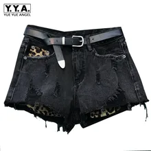 Лето,, пляжные шорты, брюки, короткие джинсы для женщин, высокая талия, свободные, леопардовые, джинсовые, с дырками, женские, облегающие шорты