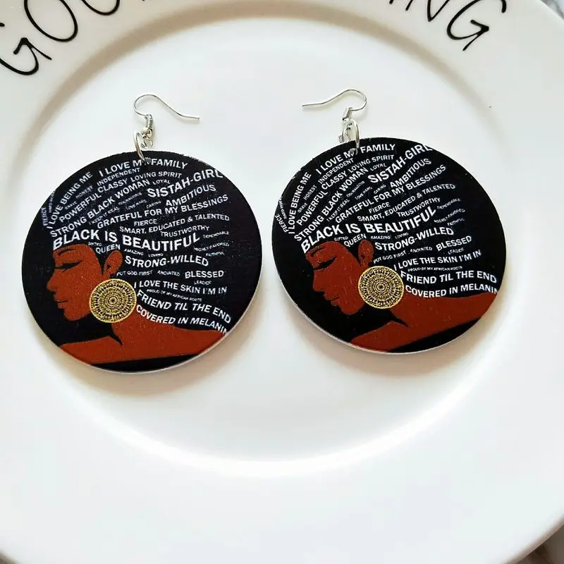 

THRWELL Exaggerating African Head Pattern Geometric Circular Wooden Earrings Trendy Wood Earrings