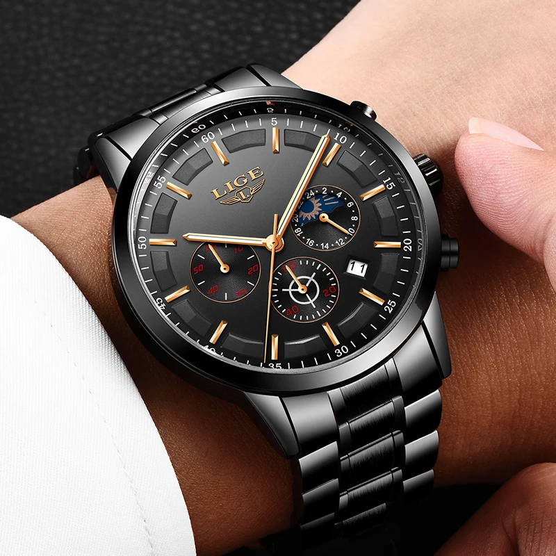LIGE Mens Watches Top Brand Luxury Military Quartz Watch Men Fashion Stainless Steel  Waterproof Sport Watch Relogio Masculino