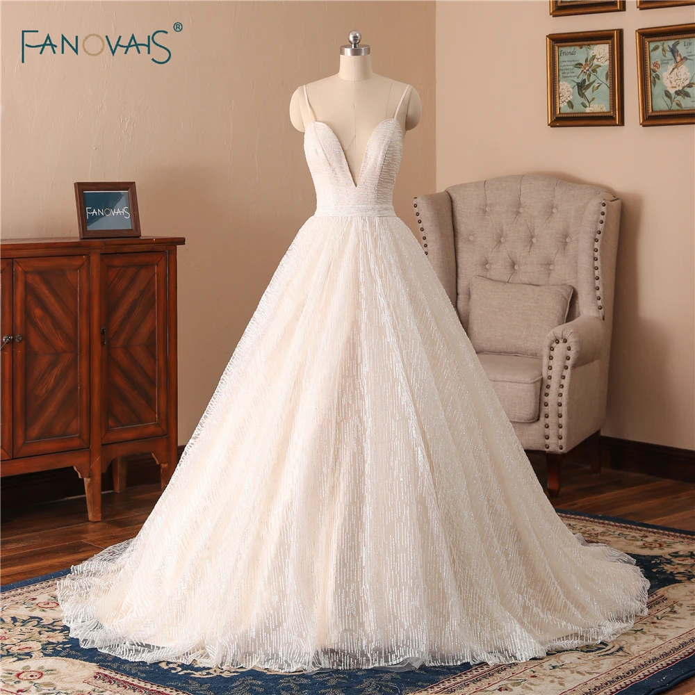 

Shiny Wedding Dresses 2019 V Neck Straps Sparkling Lace Wedding Gown Long Vestido de Novia Sweep Train NW30