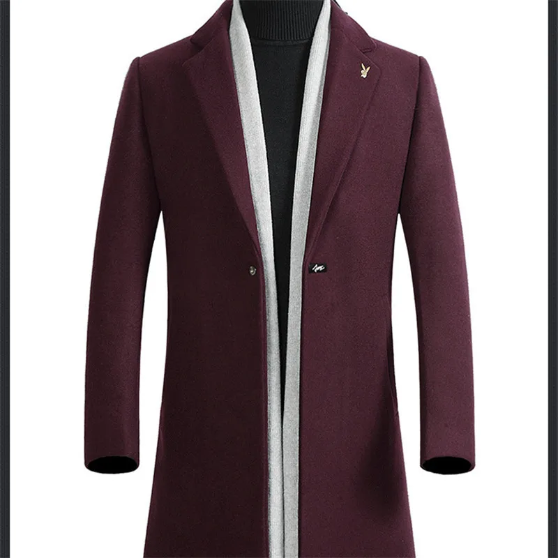 Приталенное повседневное шерстяное мужское пальто размера плюс, модное зимнее элегантное Мужское пальто - Цвет: Бургундия