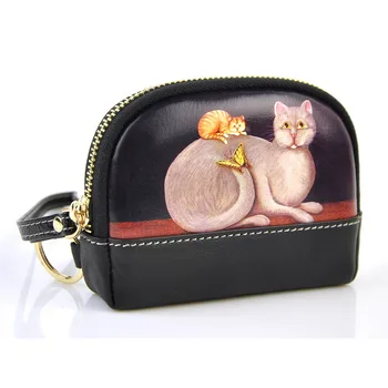 

Women Leather Cute Zip Coin Wallet Fashion Cat Cartoon Print Wrist Purse Change Money Bag Lady Girl Key Ring Female Gift Item